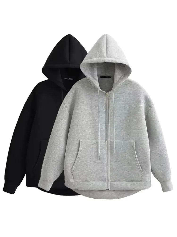 HH Autumn Women Casual Hooded Jacket Loose Oversize Zipper Hoodie Sweatshirts Solid Coat Office Lady Chic Outwear Tops