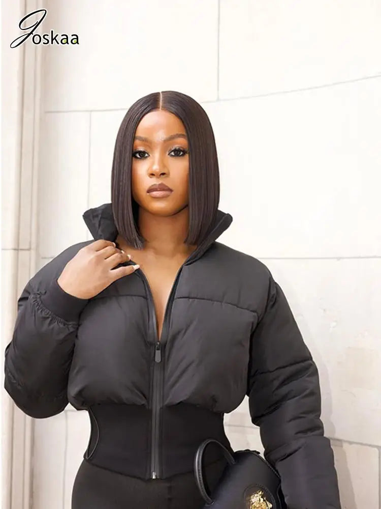 Joskaa 2025 Winter Women's Black Puffer Jacket Fashion Stand Collar Long Sleeve Zip Cotton Padding Coat Outerwear Streetwear