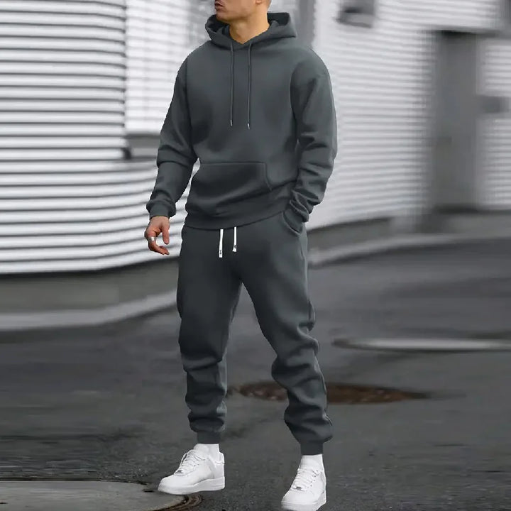 Spring and Autumn Set Men's Casual Sports Fashion Trend Comfortable Simple Running Set Solid Color Hoodie and Pants - ATFH