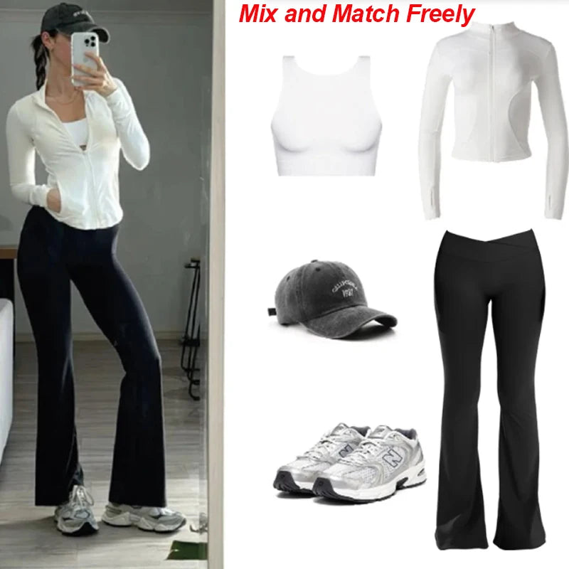 Sexy Flared Leggings Women's Running Pants Scrunch Butt Trousers Cross Waist Sports Tights Woman Wide Leg Fitness Workout Legins ATFH