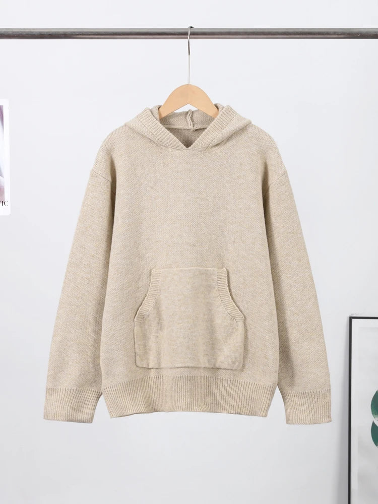 Casual Knitted Women's Sweater Hooded Solid Loose Pocket Lady Sweaters 2025 New Autumn Winter Fashion Female Street Outwears - ATFH