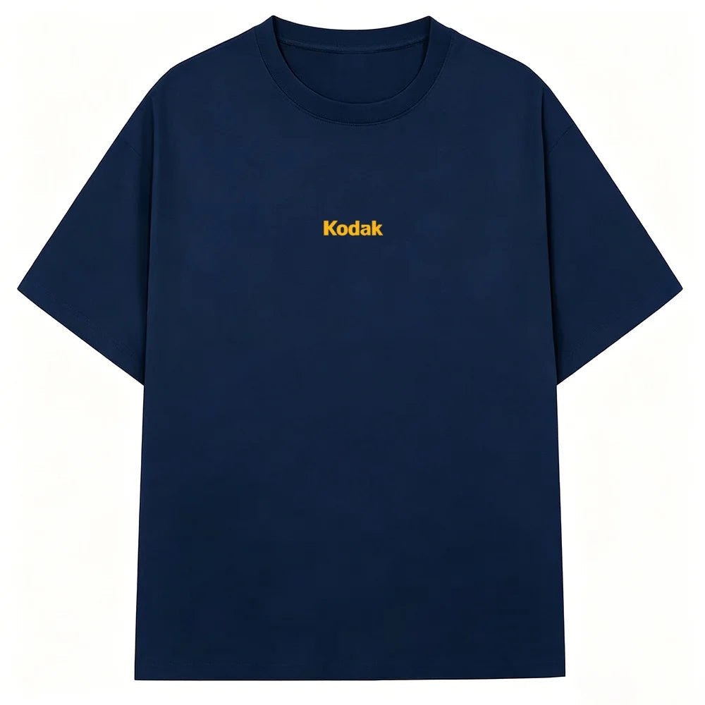 Black Kodak Basic Red Center Logo Graphic Tee, Simple White-on-Black Brand Print, Cotton Crewneck for Daily Casual Wear ATFH