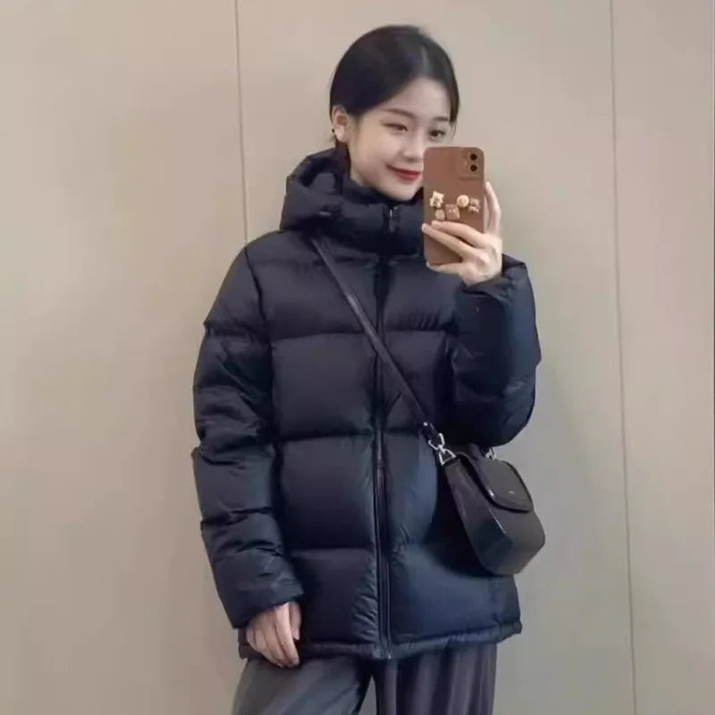 Winter Thick Warm Down Jackets Hooded Stand Up Collar Zipper Long Sleeve Unisex Black Coats Casual Loose Cotton-padded Clothes