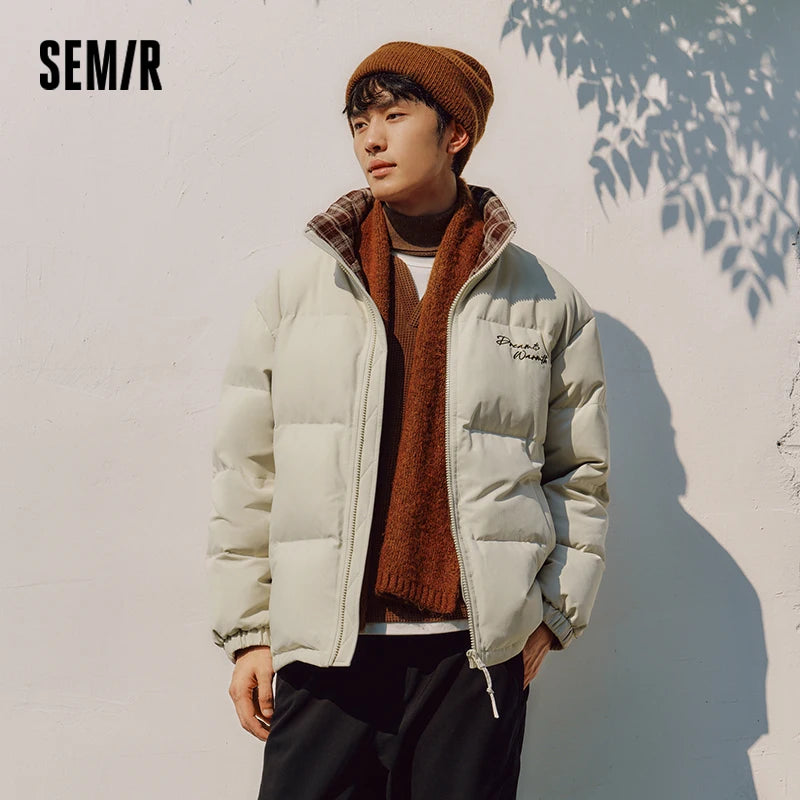 Semir Men Down Jacket 90 Percent Down Fill Plaid Loose Fit Stand Collar Modern Style 2026 New Winter Daily Wear