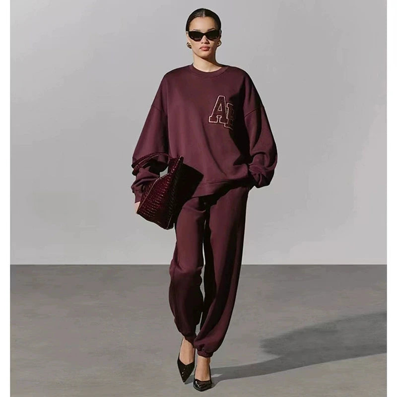 Autumn and Winter AB hand cranked special embroidery fleece loose women's round neck sweatshirt - ATFH