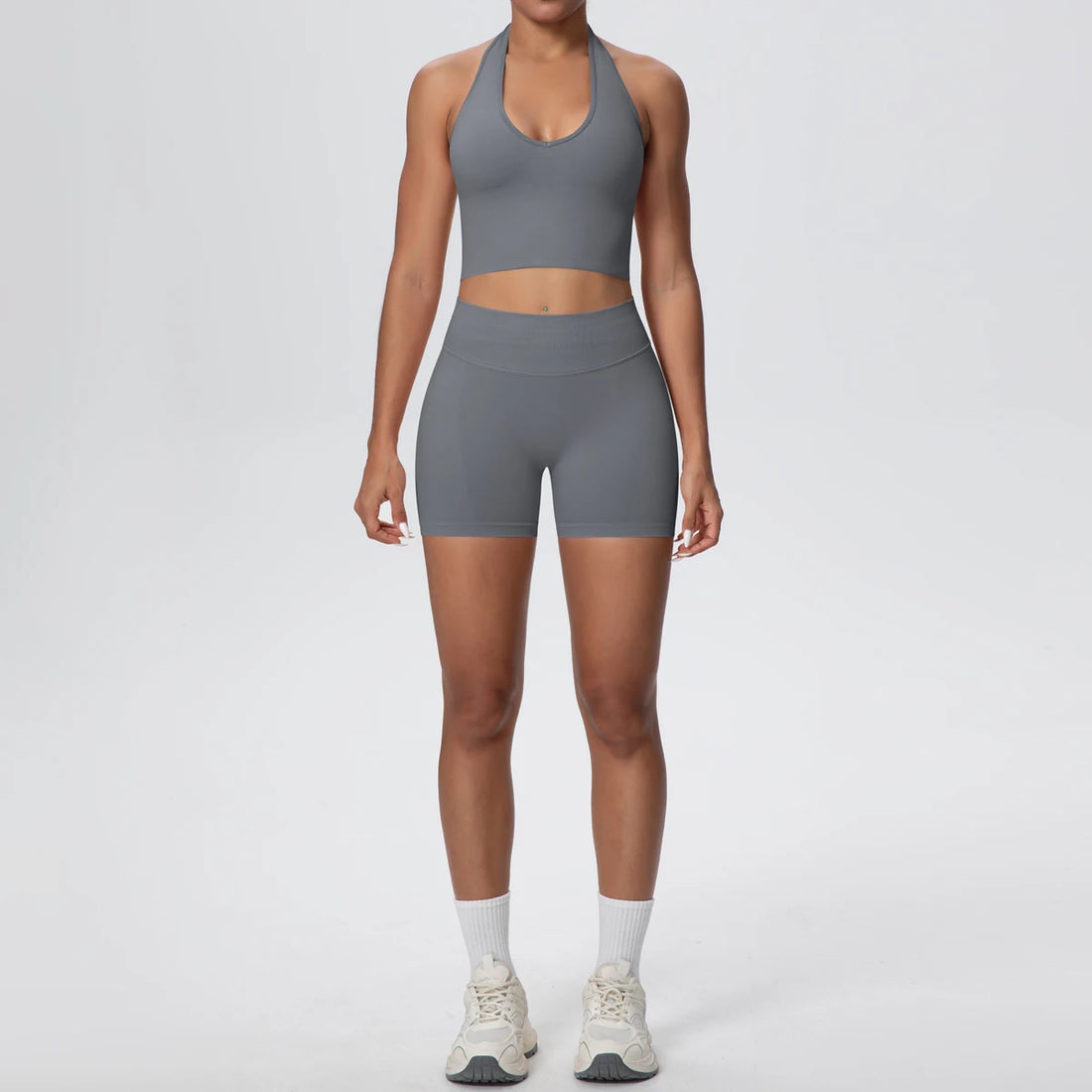 2pcs Summer Breathable Yoga Set Backless Sportswear Solid Color Sexy Neck Strap Bra Quick-Dry High Waist Shorts Yoga Set - ATFH