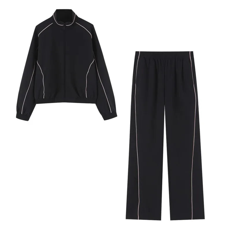 HipSeam Women's Pants Set New 2026 Contrast Trim Technical Long Sleeve Jacket Mid Waist Trouser With Elastic Waist Female Outfit