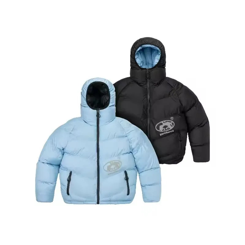 Streetwear Casual Blue Black Reversible Puffer Jacket Men Women Heavy Hooded Detail Fashion Coat Top Loose Fit Warm Y2K