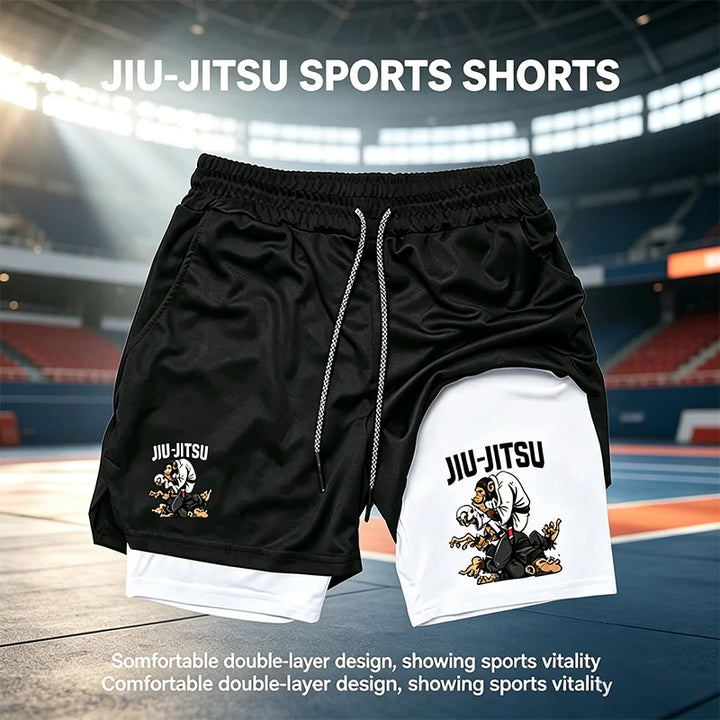 Men's Jiu Jitsu Monkey Print 2-in-1 Compression Shorts Quick Dry Gym Training BJJ Sports Workout Shorts with Liner WX198