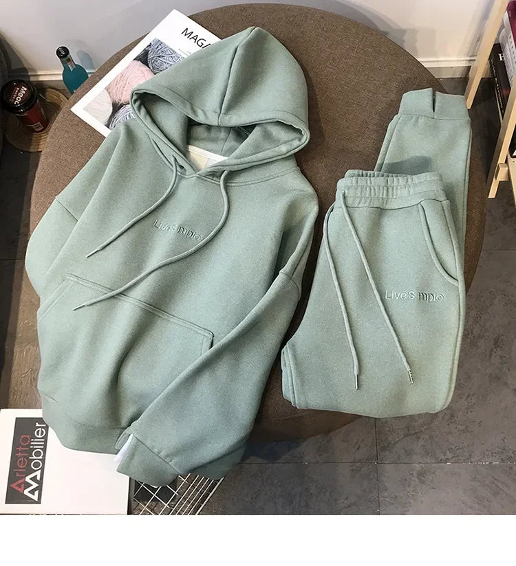 Winter Sweatshirts Women Hooded Tracksuit Two Pieces Set Hoodies Pockets Pants Suit Drawstring Trousers Sports Outfits Autumn
