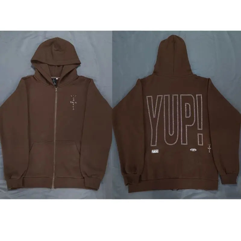 Winter Brown Fleece Utopia Jackets High Quality Vinatge Print Zipper Hoodie Hiphop Street Cactus Jack Hoodys Men Women Cleanfit - ATFH