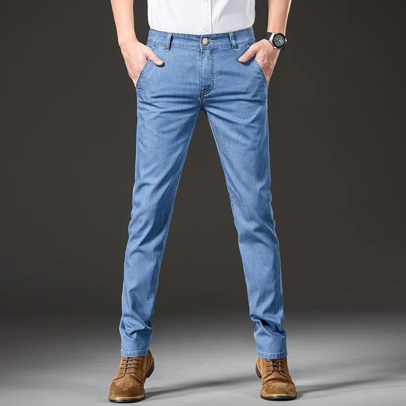 Modal Fabric Summer Thin Men's Jeans Straight Business Fashion Comfortable Breathable Male Brand Clothing Denim Trousers ATFH