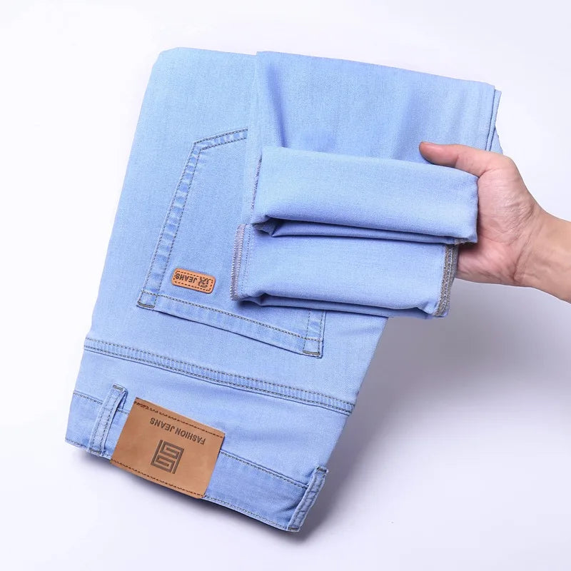 2026 Spring Summer 70% Lyocell Jeans Regular Fit Straight Ice Silk Style Business Casual Light Blue Stretch Cotton Denim ATFH