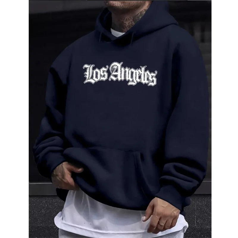 Men's autumn and winter casual fashion loose hoodie Los Angeles letter printed long sleeved warm pullover sweater - ATFH