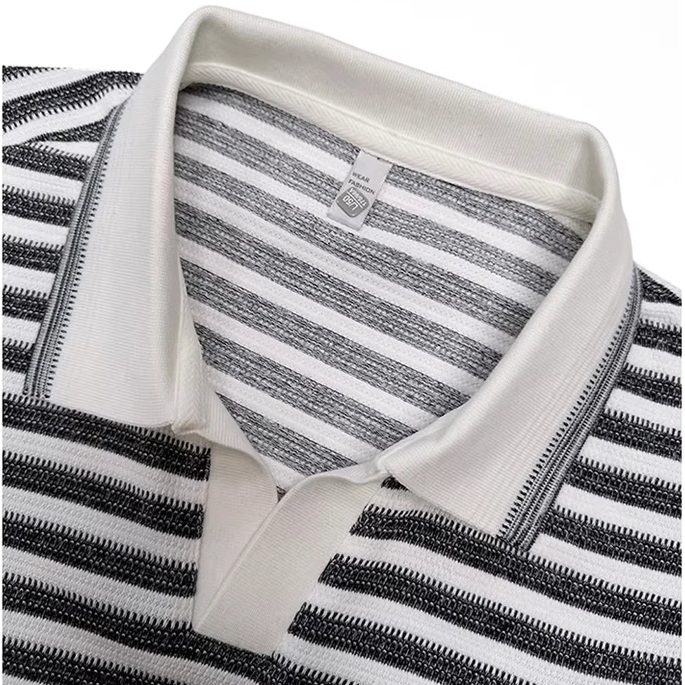 Men's Stripe Polo Shirt, Short Sleeve Breathable T-Shirt with Turn-Down Collar Retro Style Fit  Casual Business Wear 57%cotton