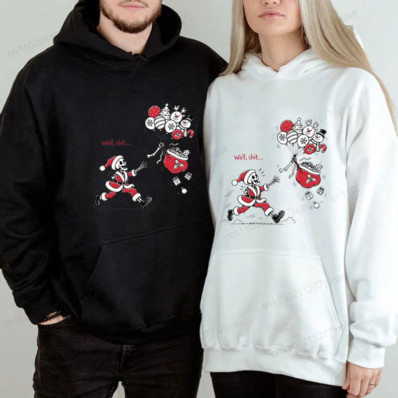 Men Women Funny Skeleton Santa Claus Hoodie Well Shit Graphic Hooded Sweatshirt Streetwear Punk Gothic Christmas Pullover Hoodie