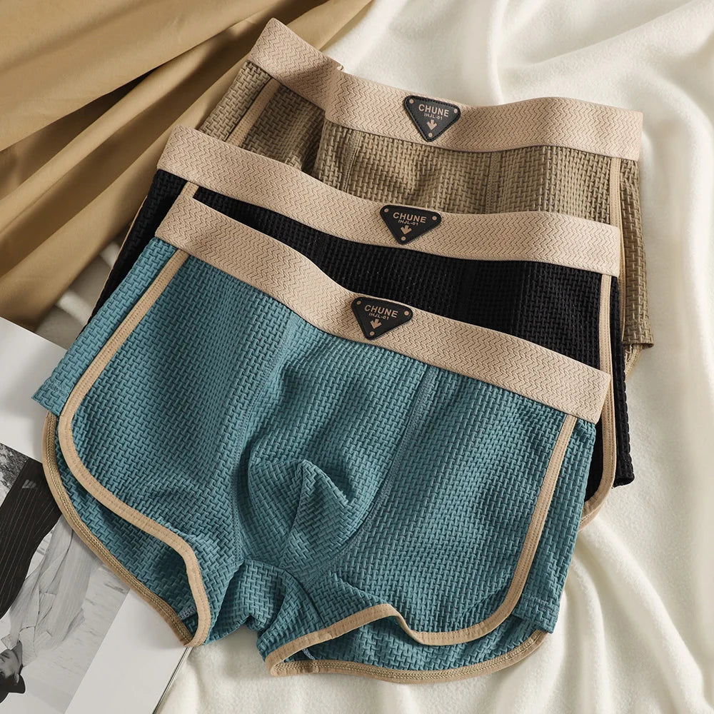 3PCS/Pack Fashion Ice Silk Knitted Plaid Boxers Breathable Comfort Mesh Crotch Underpants Super Soft High Elastic Men's Panties