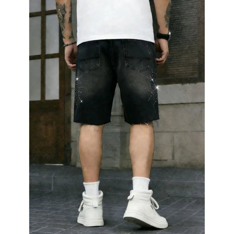 American Streetwear Men's Non-Stretch Denim Shorts Rhinestone Letter Washed Frayed Hem Knee-Length Summer Jeans Shorts ATFH