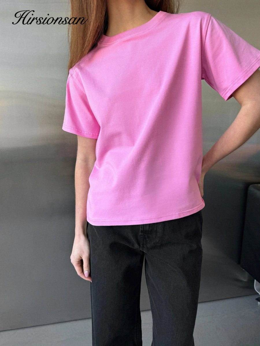 Hirsionsan Basic Cotton T Shirt Women 2026 Summer New Loose Solid Tees 19 Color Casual Loose Tshirt Oversized O Neck Female Tops - ATFH