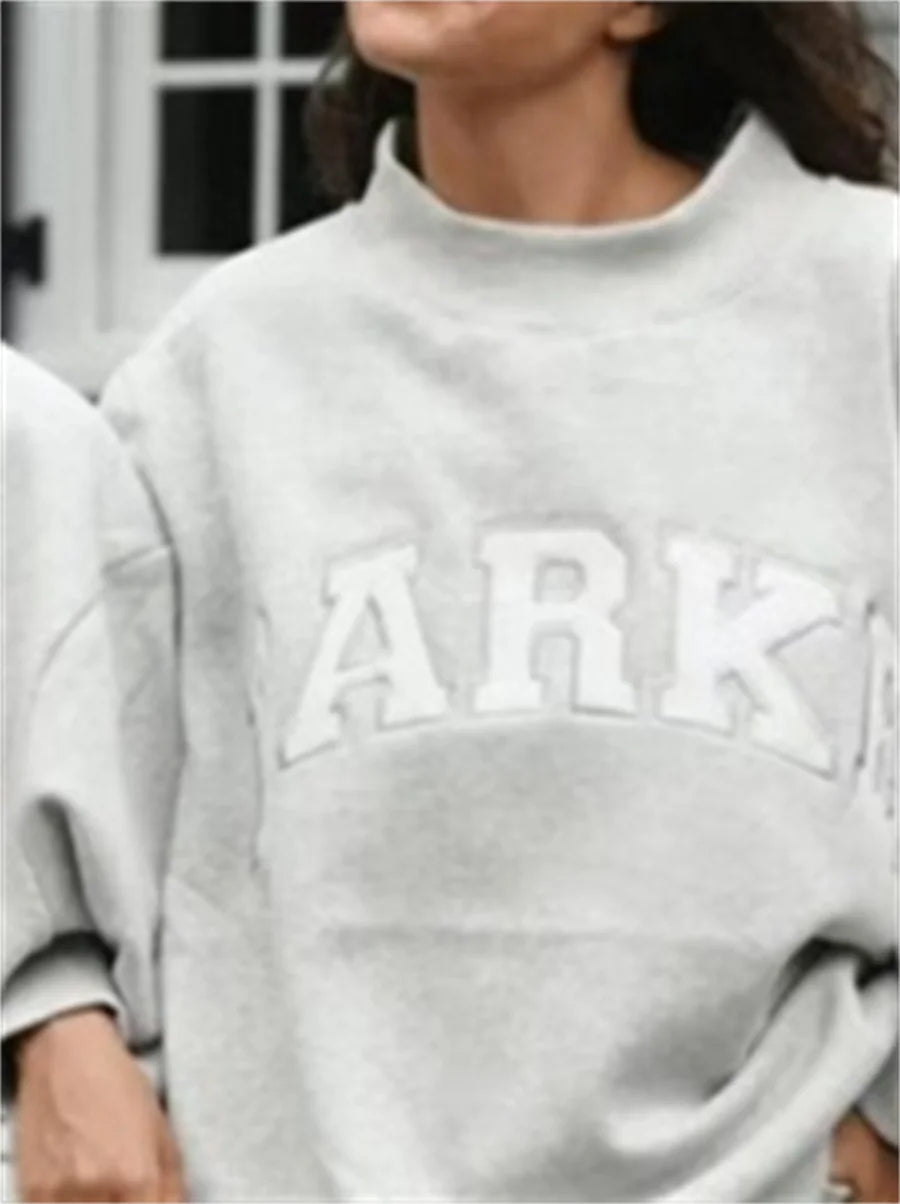 Letters Embroidery Women Cotton Gray Sweatshirts Spring New Stand Collar Ladies Long Sleeve Casual Sports Pullover Tops - ATFH