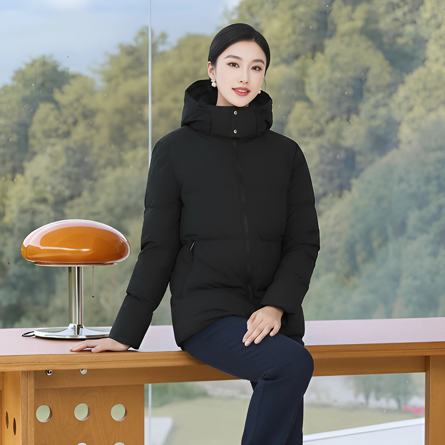 Women's Hooded Jacket with White Duck Down Liner, Three-Proof Fabric Windbreaker