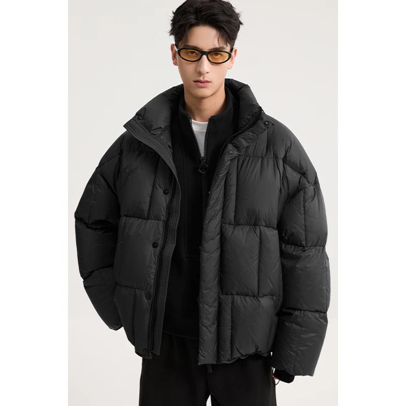 Men's Solid Color Puff Down Coats 2026 Winter Fashion Thick Warm Loose Jackets Male Stand-up Collar Bread Overcoats W919