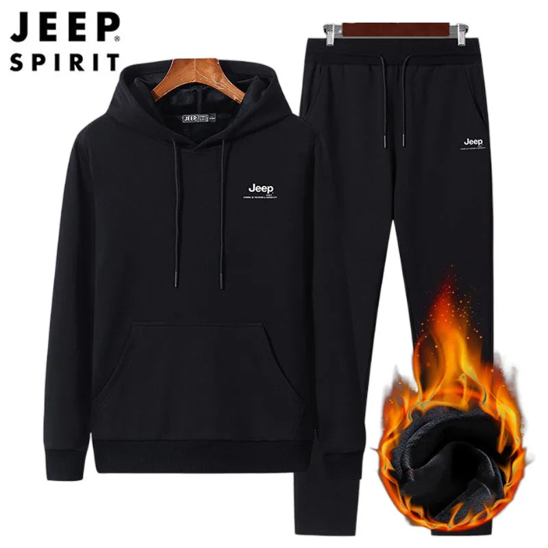 JEEP SPIRIT Suit Men Sweater Hoodie + Casual Trousers Sportswear Casual Autumn and Winter Plus Velvet Thick Warm Two-piece Set - ATFH