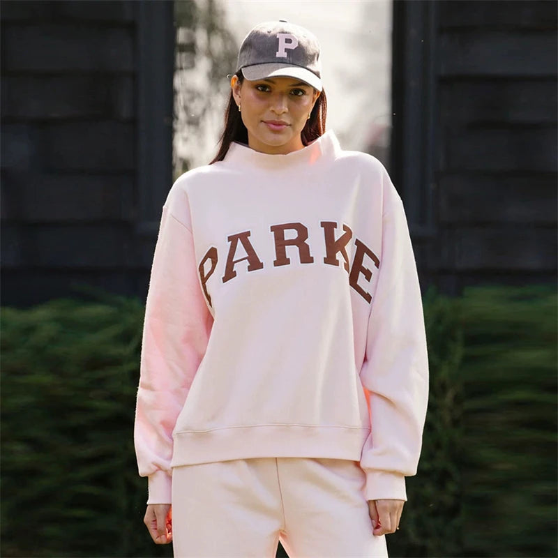 Pink Sweatshirt Women Comfortable Long Sleeve Sweatshirt Autumn Spring High Neck Loose Women's Letter Embroidery Hoodie Pullover - ATFH