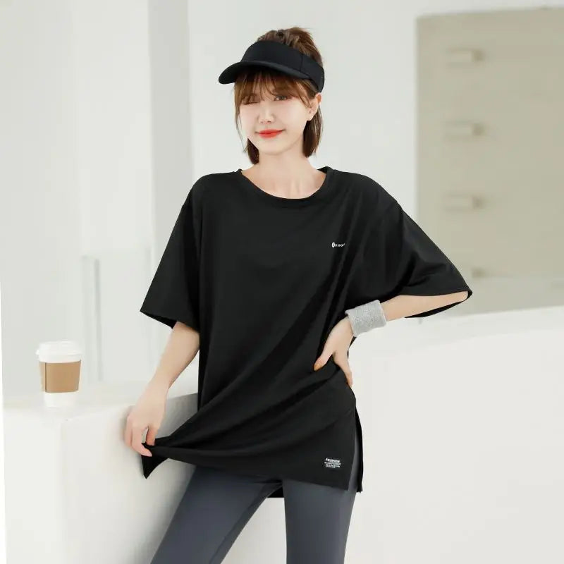 Loose T-shirts for Women Running Clothing Solid O-neck Summer Quick Drying Short Sleeve Korean Style Young Girls Students Soft - ATFH