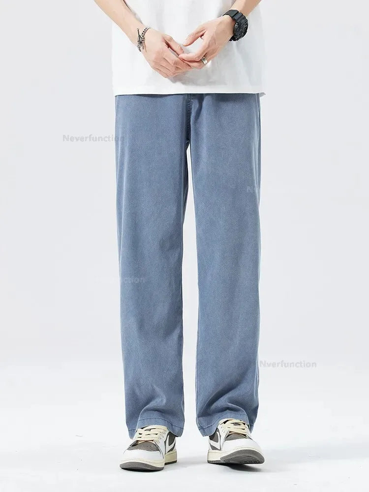 Ultra Thin Baggy Jeans Men's Summer New in Lyocell Soft Breathable Straight Trousers Elastic Waist Casual Blue Gray Wide Pants ATFH