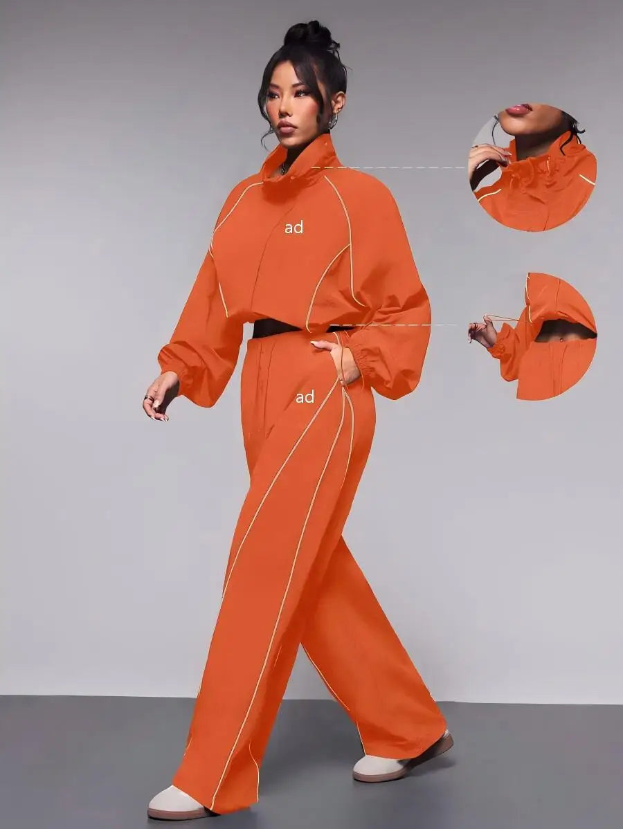 2-piece set of new casual women's fashion contrasting drawstring sports jacket, long pants long sleeved jacket set
