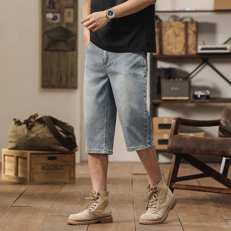 2025 New American retro cropped men wide leg jeans Y2k Gothic washed loose straight casual couple shorts sweatpants ATFH