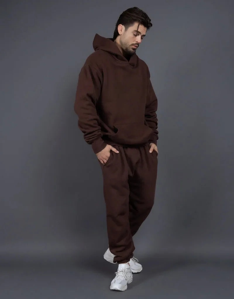 Custom logo autumn and winter cotton 60% polyester 40% plush and thickened men's and women's loose hooded sweater two-piece set ATFH