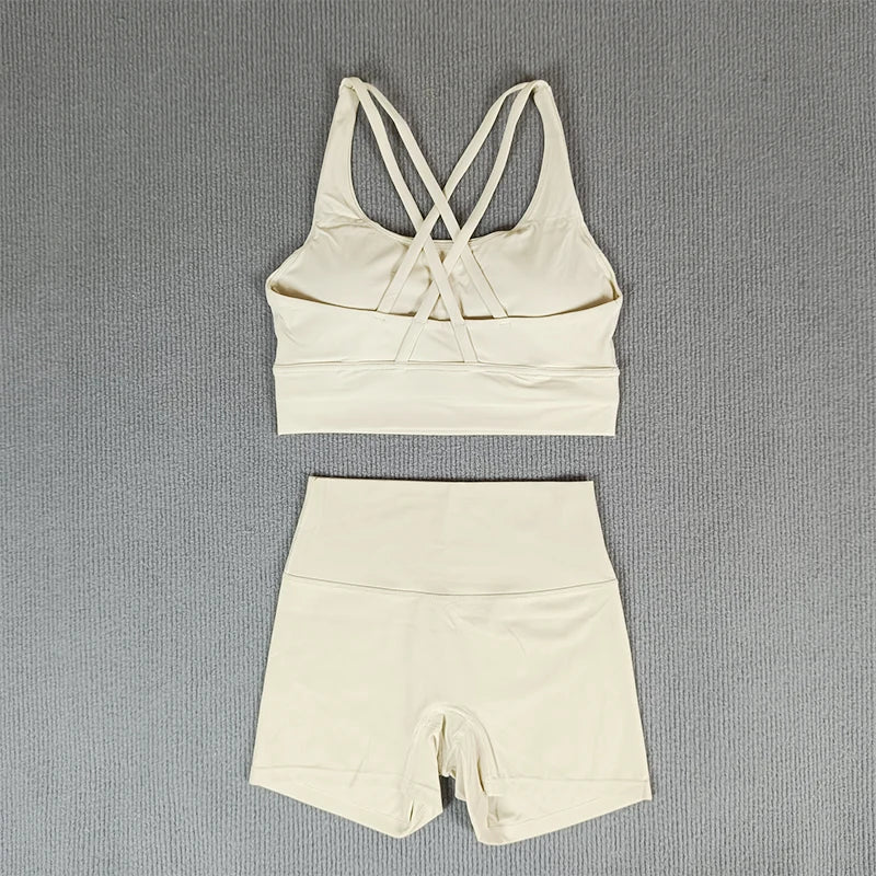 2 Pieces Yoga Clothes Gym Sets Sports Shorts Women Cross Back Bra Top High Waist Shorts Fitness Suits Running Workout Tracksuit - ATFH