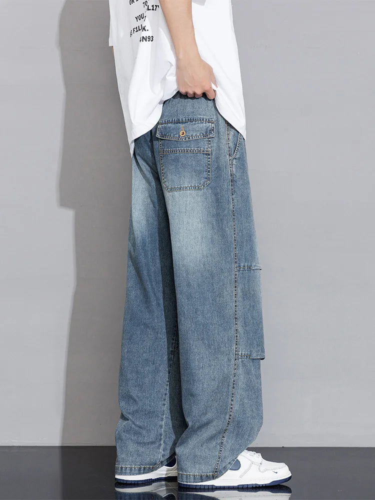 Men's Cargo Jeans 2026 New Spring Summer Wide Leg Denim Pants Straight Baggy Jeans Asian Size L-5XL ATFH
