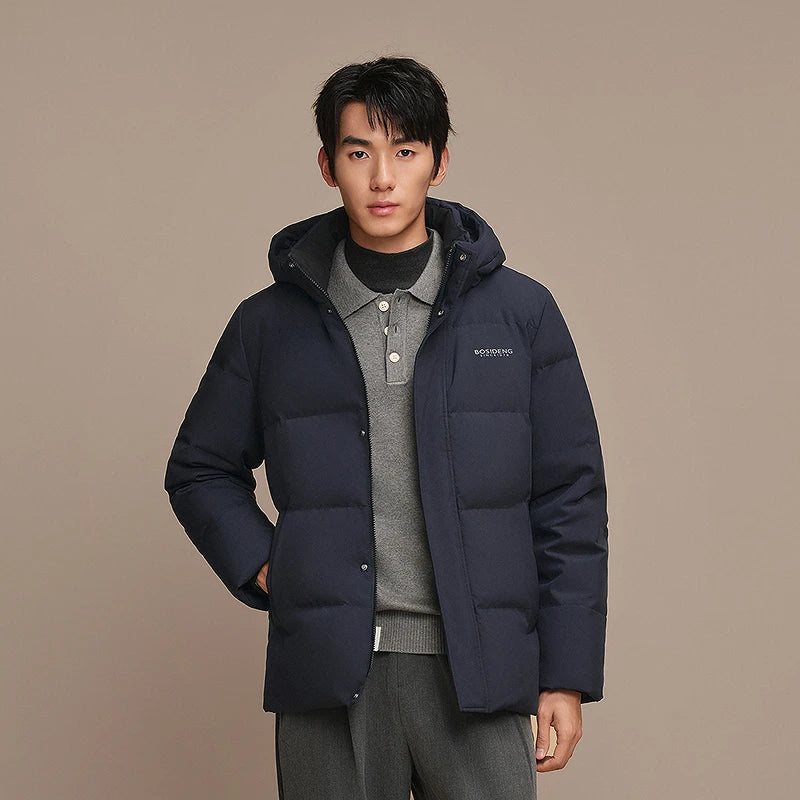 Bosideng Mens Short Hooded Down Jacket With Ribbed Cuffs High Neck And Double Placket For Windproof Warmth
