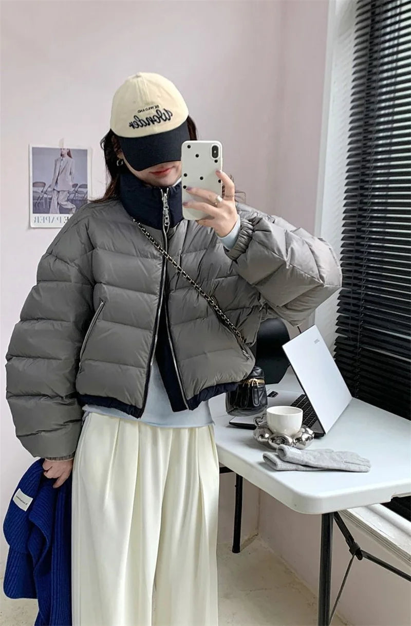 Wearing Down Cotton Jacket onBoth sSides, Women's Short Style Stand up Collar Cotton Jacket for Small People,  Contrasting Color ATFH