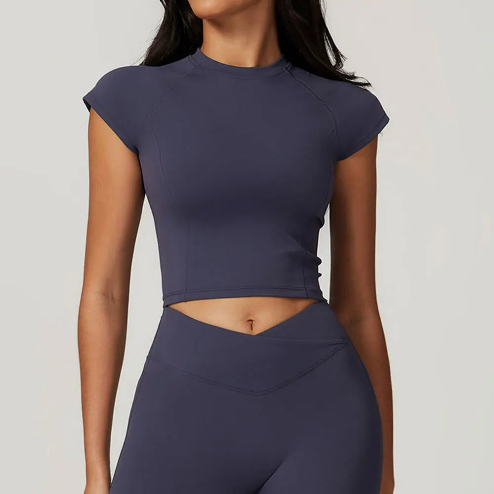 Sexy Sports T-shirts Women Yoga Short Sleeved Tight Running Fitness Breathable Fitness T-shirt Gym Tops Push Up Workout Clothes - ATFH