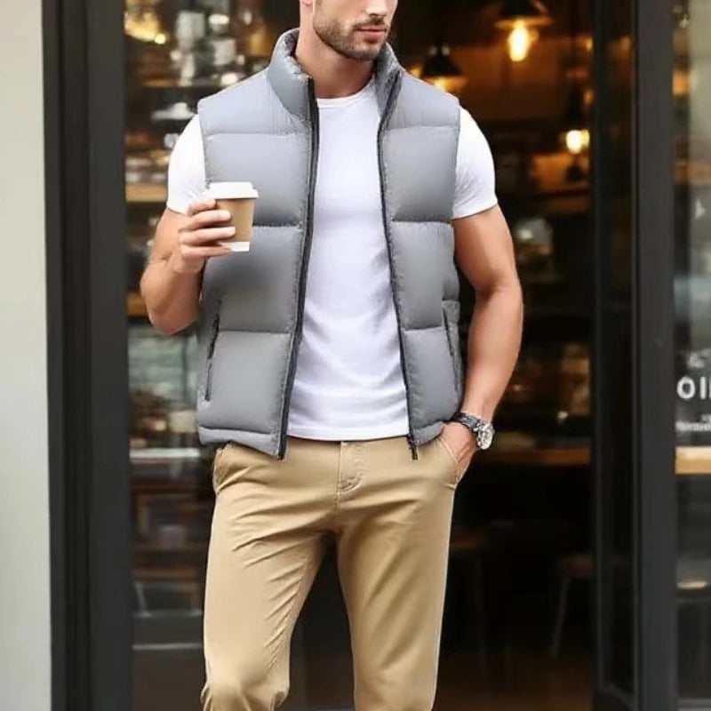 New Men's Gray Vest Warm Sleeveless Jackets Winter Windproof Zipper Coat Autumn Stand-up Collar Casual Waistcoat Brand Clothing ATFH