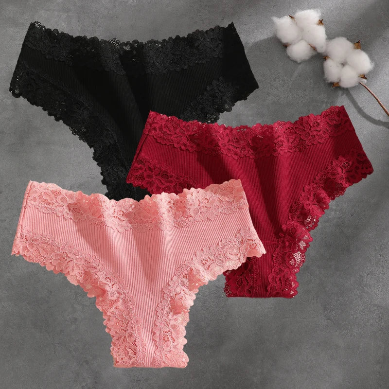 3Pcs Cotton Lace Patchwork Bikini Panties Women Seamless Floral Print Brazilian Pants Low Waist Breathable Female Sexy Lingerie