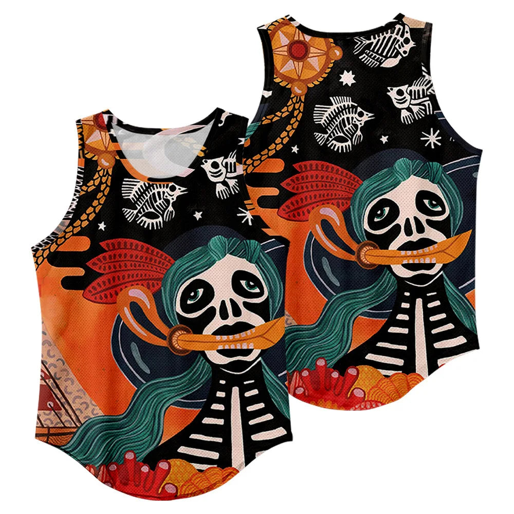 Summer Workout Black Print Sleeveless Beach Undershirt Vest Men Tank Top Gym Stringer Singlets Fitness Clothing