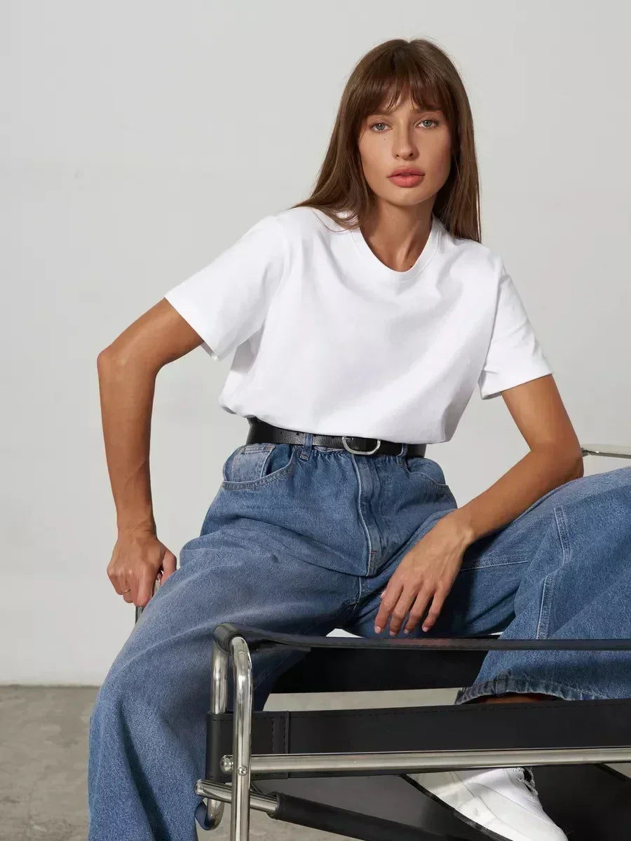 Bornladies Summer 100% Cotton Women's T-shirt Bottoming Basic Fashionable Solid Lady Short Sleeve Loose Tops Shirts 230g/㎡ Tops - ATFH