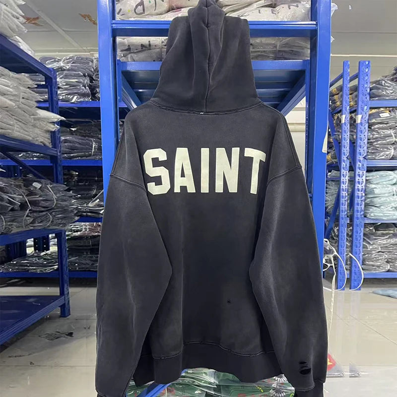 Simple Classic Letters Logo Print Orange Saint Hoodie Hooded Men Women Streetwear Vintage Washed Damaged Hole Pullovers - ATFH