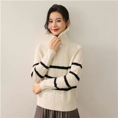 Autumn and winter new 100% pure wool high neck sweater women's casual knitted cashmere pullover loose hot selling women's top - ATFH