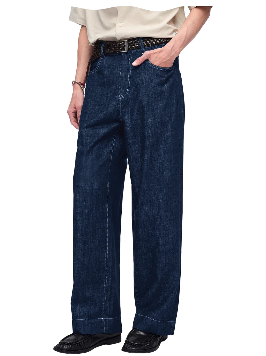Retro Men's High Waist Wide Leg Jeans Loose Fit Denim Pants Breathable Casual Stretchy Heavyweight Cotton Y2K Baggy Trousers ATFH