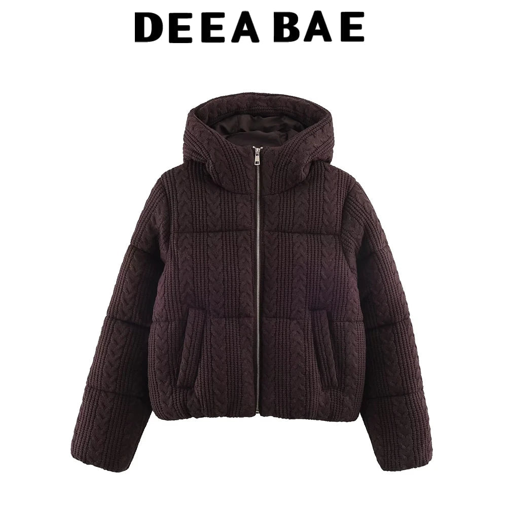 DEEABAE 2025 Winter New Arrival Commuter Stand-Up Collar Eight-Ply Knitted Hooded Thickened Cotton Jacket Coat for Women ATFH