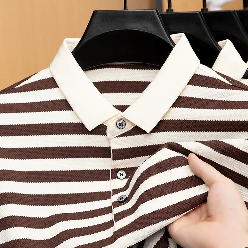 Men Striped Short Sleeve Polo Shirt Casual Breathable Waffle Knit Summer Classic Fashion Business Top