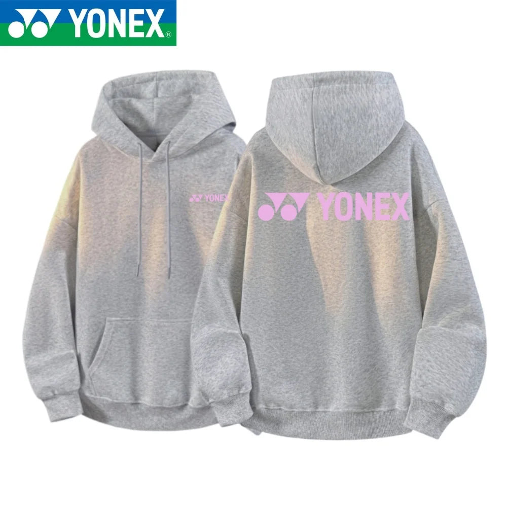 YONEX 2026 cotton hooded jacket with multi-color logos printed on the front and back, suitable for outdoor sports such as badmin