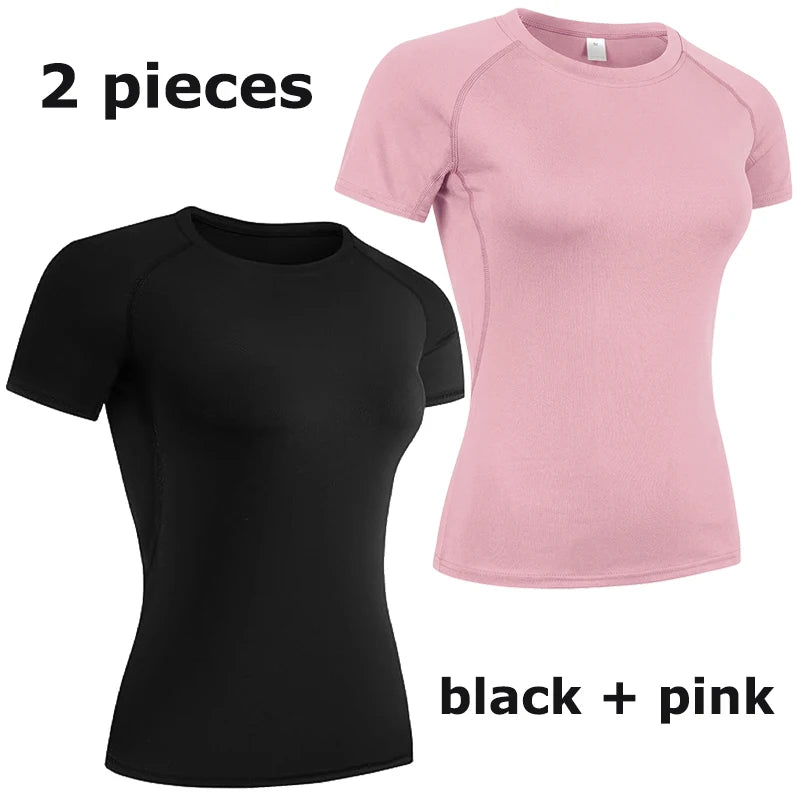 Women's Compression Shirt Short Sleeve Athletic Yoga Running T-Shirt Summer Gym Workout Quick Dry Stretchy Tees Tops Baselayer - ATFH