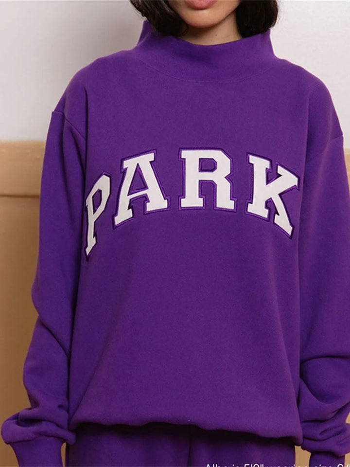 Women Letter Embroidery Purple Sweatshirt Stand Collar Ladies Long Sleeve Casual Loose Cotton Sports Pullover Tops - ATFH